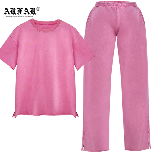 100% Cotton Acid Washed Pink Side Slit T-shirt Pant Set For Women