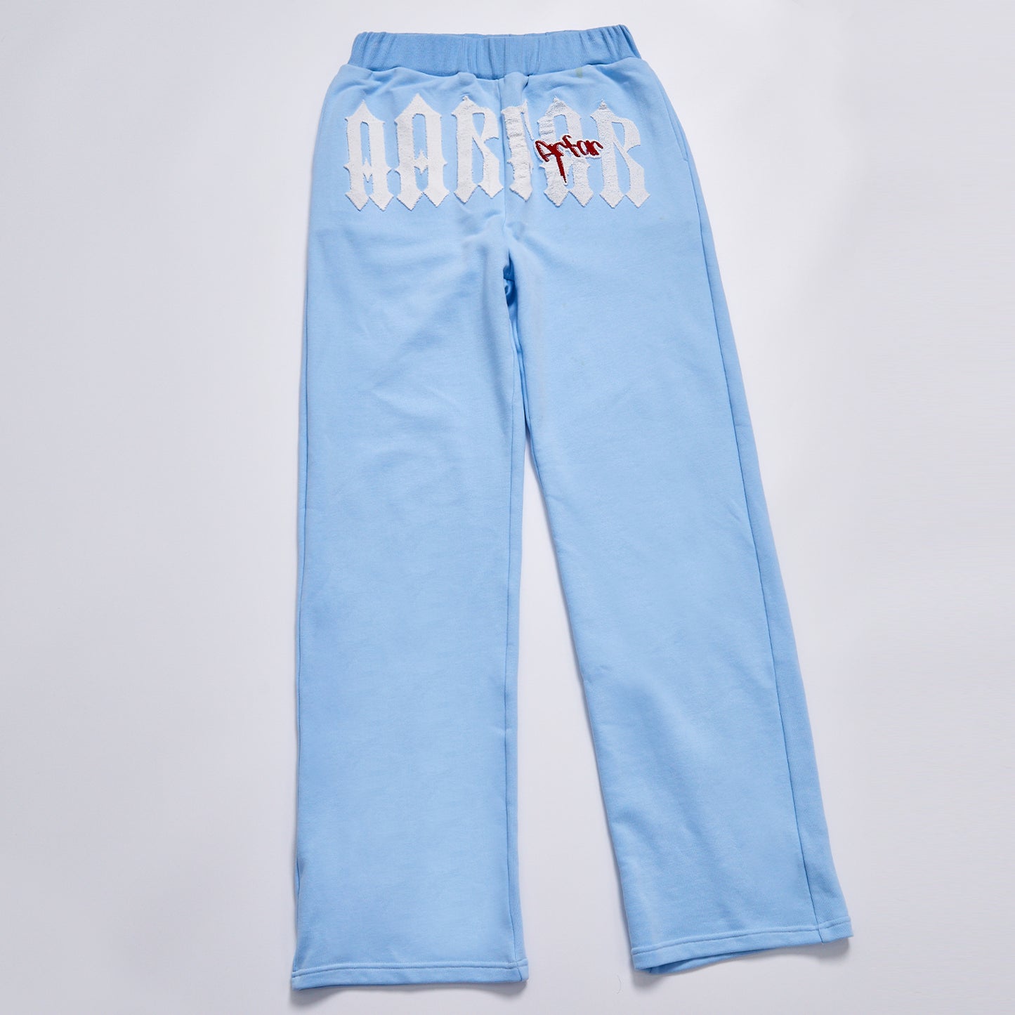 Light Blue Gothic Letter Applique Wide Leg Sweatpants Unisex Daily Elastic Waist Loose Straight Track Pants Streetwear Casual Soft Fleece Jogger Trousers