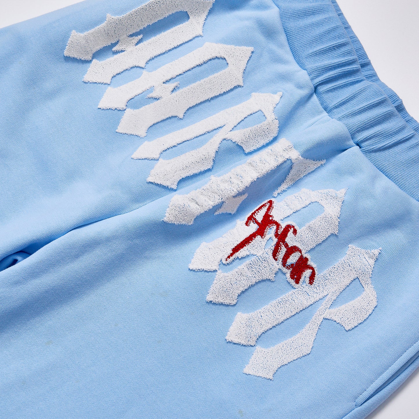 Light Blue Gothic Letter Applique Wide Leg Sweatpants Unisex Daily Elastic Waist Loose Straight Track Pants Streetwear Casual Soft Fleece Jogger Trousers
