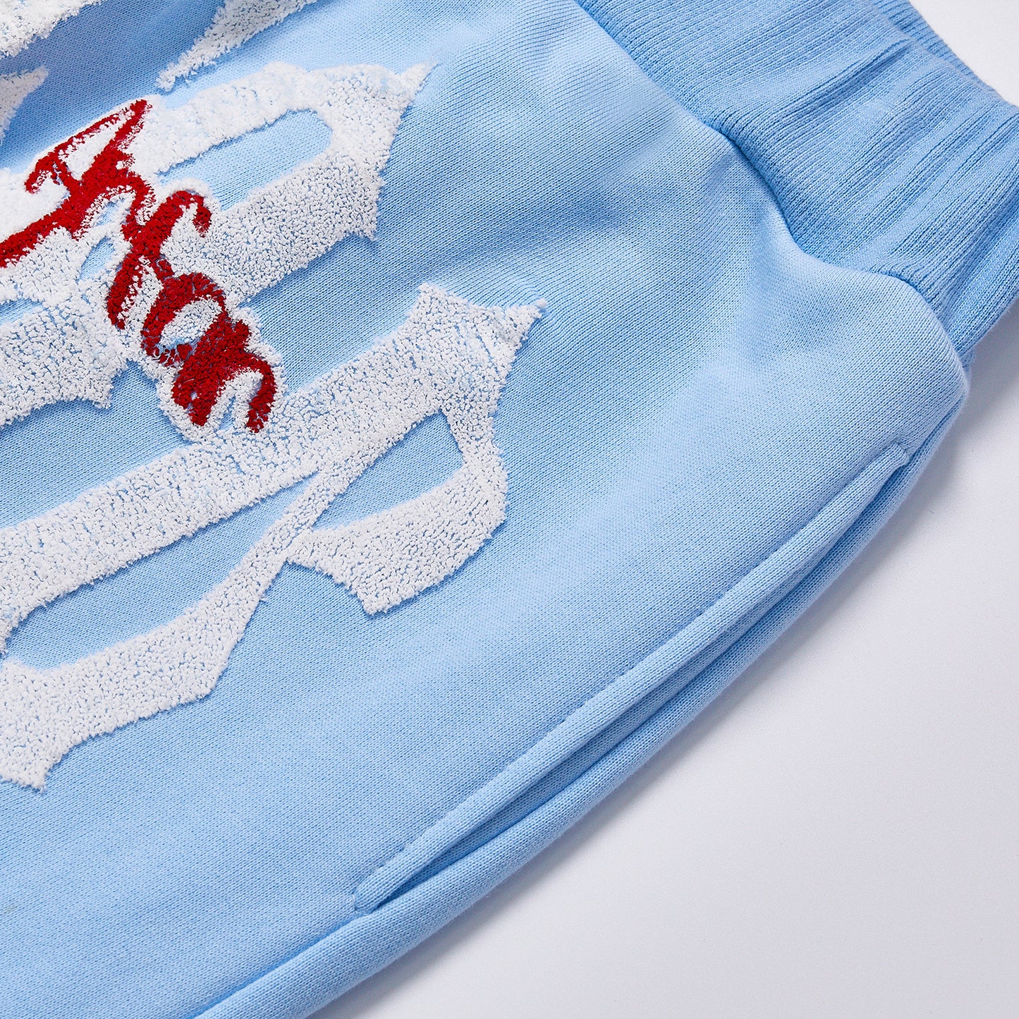Light Blue Gothic Letter Applique Wide Leg Sweatpants Unisex Daily Elastic Waist Loose Straight Track Pants Streetwear Casual Soft Fleece Jogger Trousers