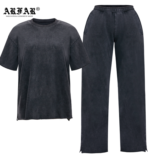 100% Cotton Acid Washed Pink Side Slit T-shirt Pant Set For Women