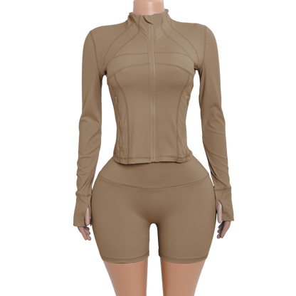 Custom Logo Two Piece Women Nylon Jacket Shorts Set pink Sport Outfit Fitness Gym Workout Wear Zipper Tracksuit Sets for Women