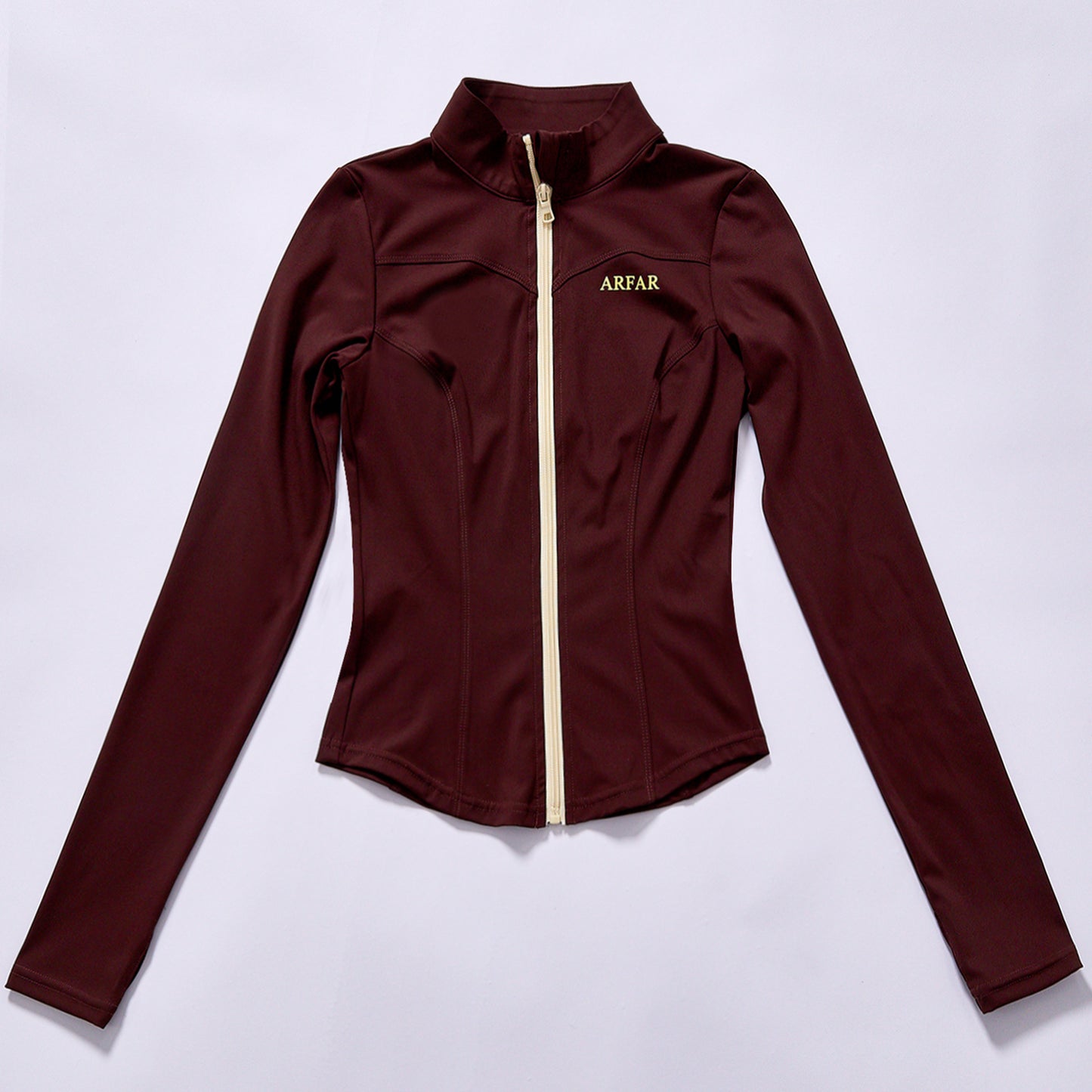 Custom Hot Selling stand collar slim zip workout jacket fitted curved hem yoga running top embroidered logo quick dry workout long sleeve  solid burgundy wine red Thumb Cuff 4-Way Stretch Quick Dry Yoga Running Long Sleeve Outer Coat