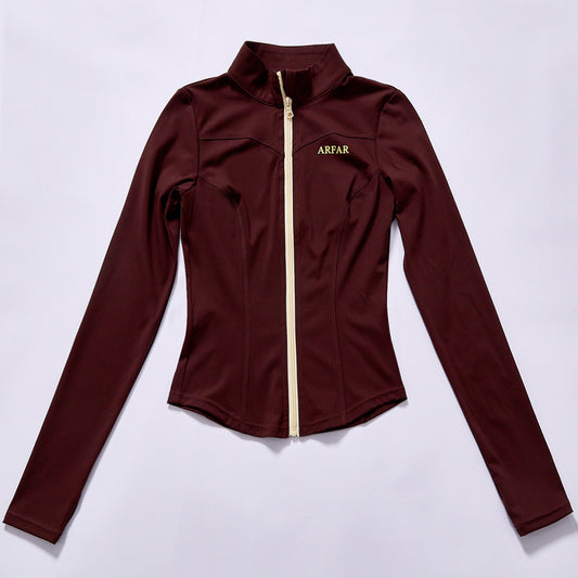 Custom Hot Selling stand collar slim zip workout jacket fitted curved hem yoga running top embroidered logo quick dry workout long sleeve  solid burgundy wine red Thumb Cuff 4-Way Stretch Quick Dry Yoga Running Long Sleeve Outer Coat