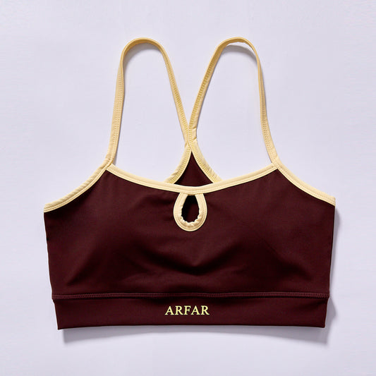 Custom Women Y back keyhole wireless sports bra cream contrast trim removable pad yoga cami 4-way stretch nylon spandex quick dry fabric jogging outdoor