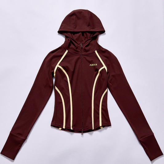 High Quality hooded slim zip workout jacket burgundy stretch fitness hooded outer layer embroidered logo quick dry workout hooded long sleeve  4-way stretch nylon spandex quick dry fabric yoga pilates training