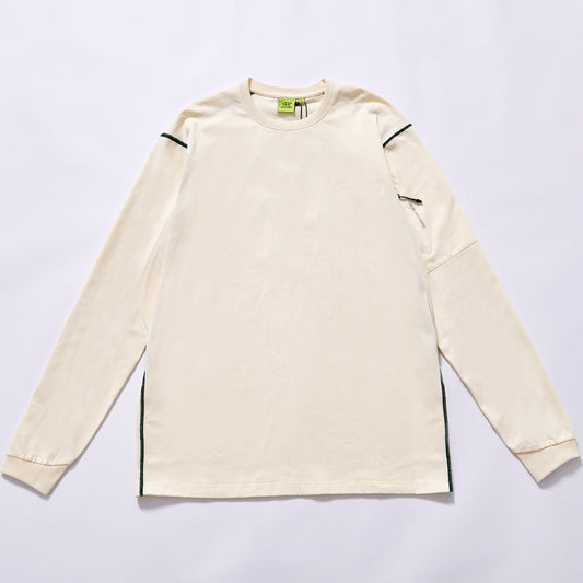 High quality soft heavy combed cotton plain spliced long sleeve crew neck tee drop shoulder relaxed straight fit crew neck base shirt wholesale blank custom logo apparel