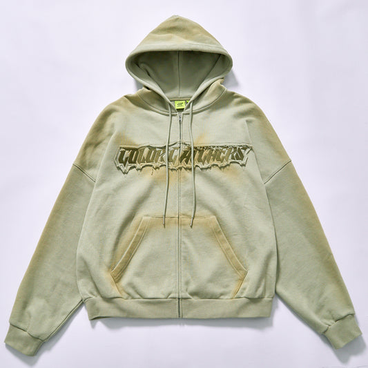 Customized full zip graphic hoodie kangaroo pocket oversized drop shoulder zip up hoodie faded wash sweatshirt daily commute outer