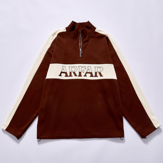bulk wholesale quarter zip stand collar sweatshirt drawstring adjustable hem cuff unisex loose contrast panel fleece top retro city walk wear