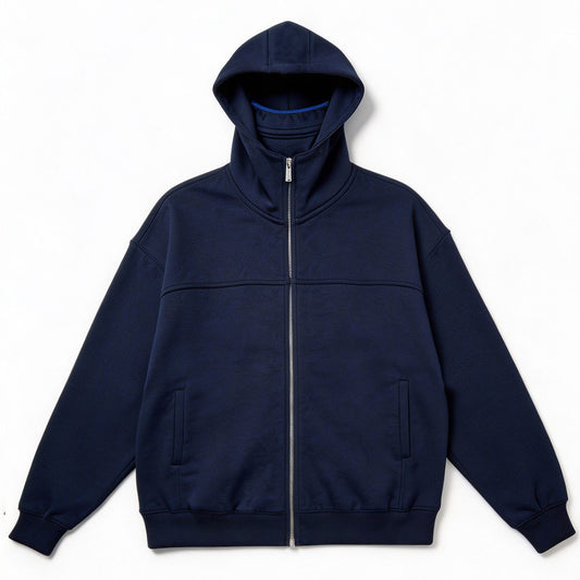 bulk wholesale zip up hooded sweatshirt rib elastic cuffs hem navy color contrast hood lining sweat jacket daily commute