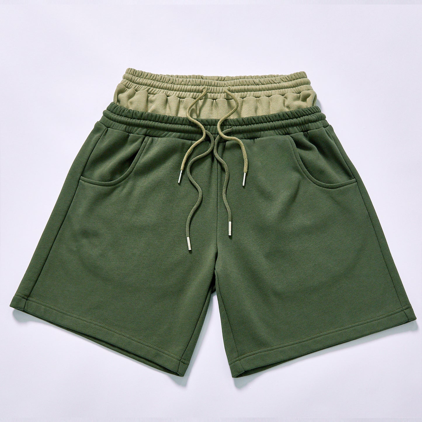 hot selling Custom shorts dual spliced waist knee length fleece shorts relaxed straight knee cut hem outdoor hiking casual knee length sweat pants city walk couple matching set