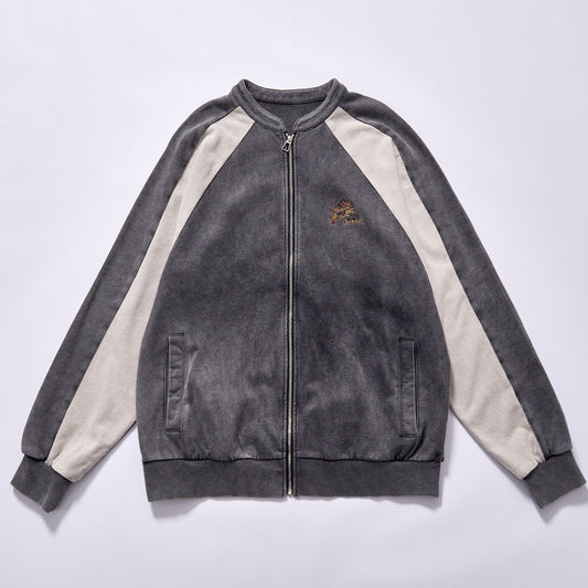Custom logo factory direct stand collar full zip vintage track coat rib elastic cuffs hem rib elastic cuffs hem drop shoulder relaxed fit city walk couple matching set