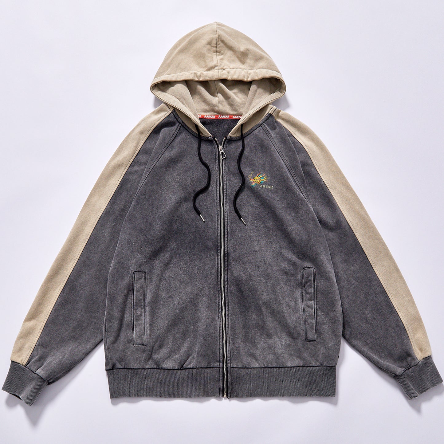hot selling Custom full zip hooded sweatshirt faded charcoal grey main body beige raglan sleeves washed color block zip fleece hoodie city walk couple matching set