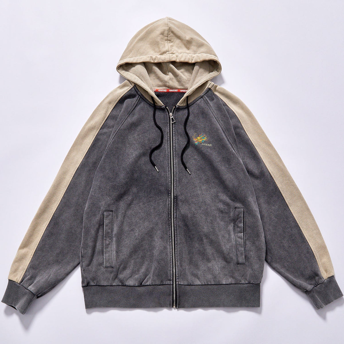 hot selling Custom full zip hooded sweatshirt faded charcoal grey main body beige raglan sleeves washed color block zip fleece hoodie city walk couple matching set