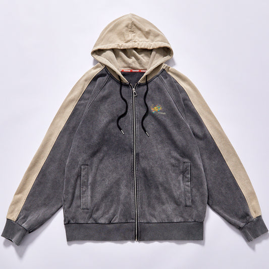 hot selling Custom full zip hooded sweatshirt faded charcoal grey main body beige raglan sleeves washed color block zip fleece hoodie city walk couple matching set