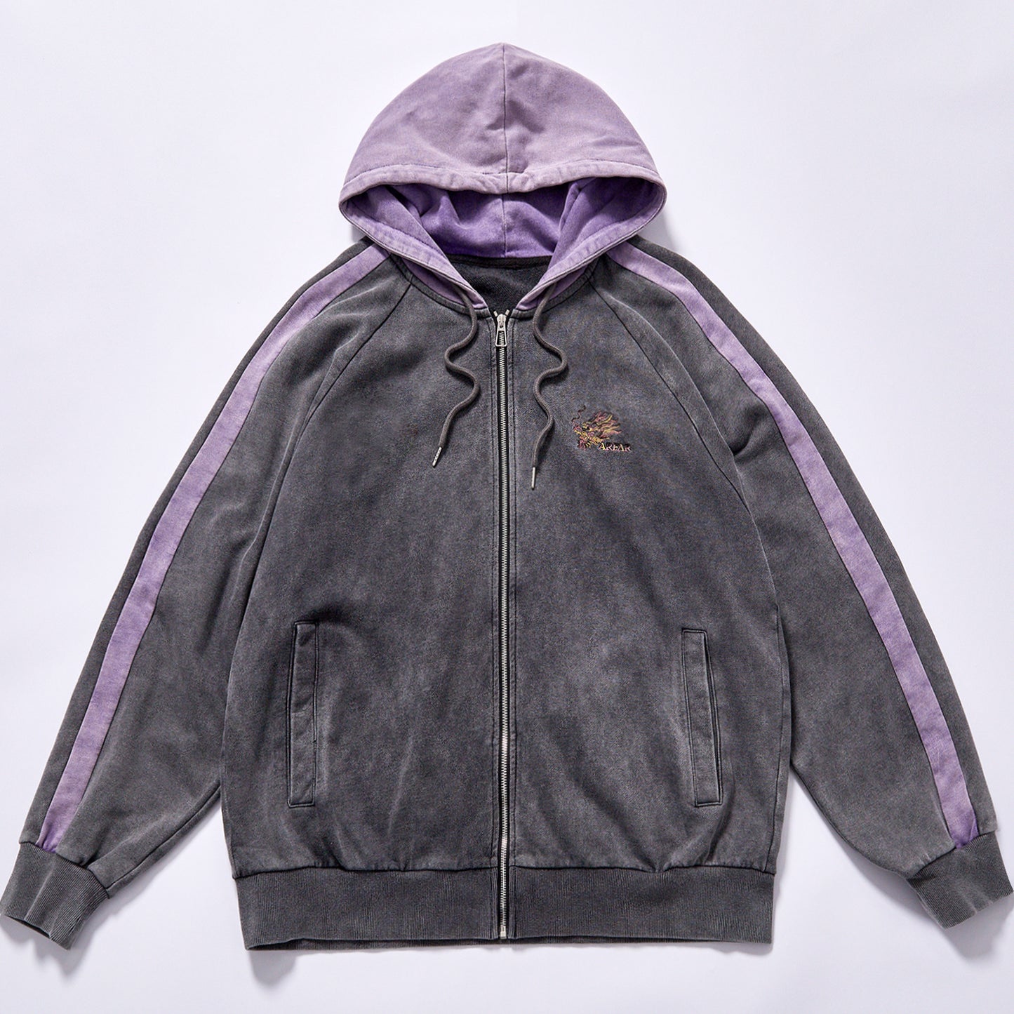 Custom hot selling pigment washed raglan side stripe full zip hooded sweatshirt drop shoulder relaxed oversized fit vintage faded two tone hooded track jacket city walk couple matching set