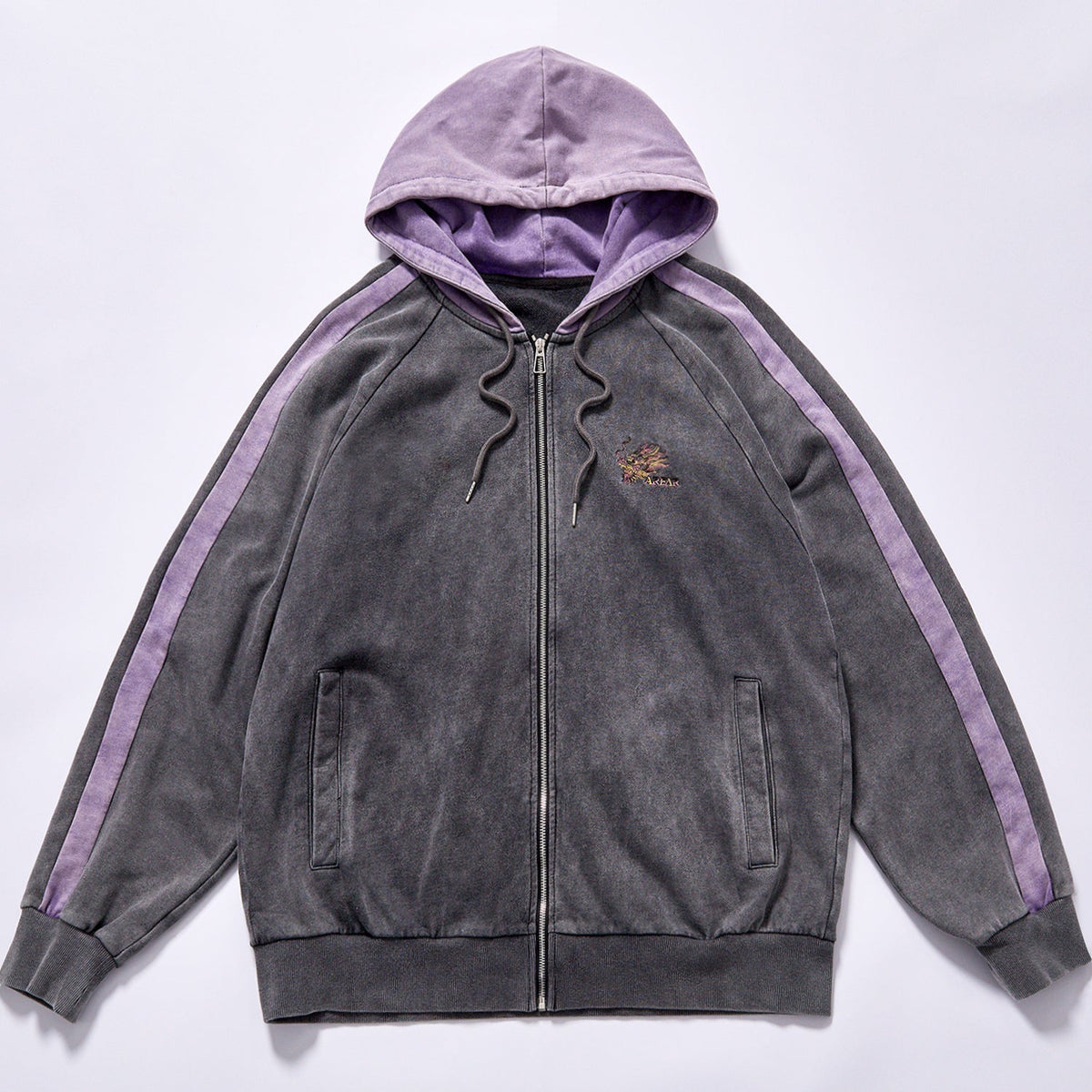 Custom hot selling pigment washed raglan side stripe full zip hooded sweatshirt drop shoulder relaxed oversized fit vintage faded two tone hooded track jacket city walk couple matching set