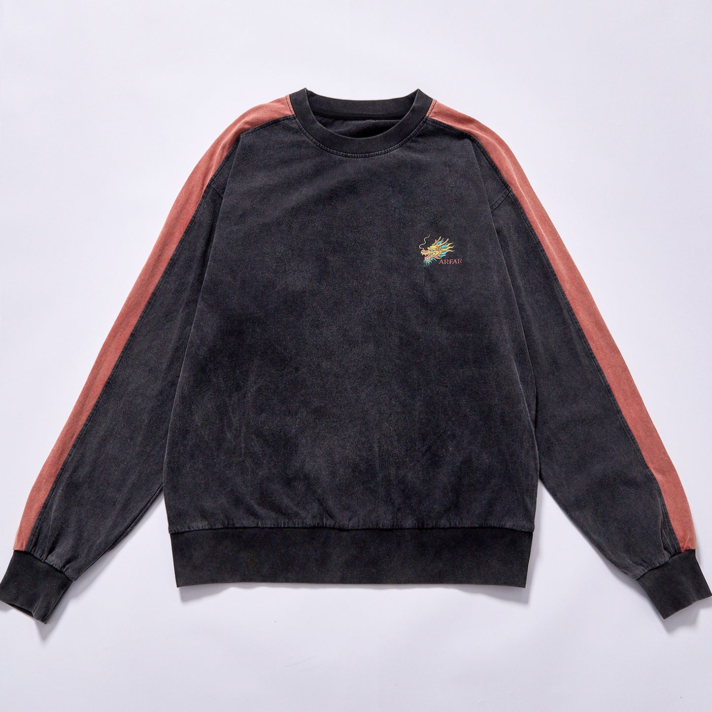 hot selling pigment washed raglan sleeve stripe fleece top drop shoulder relaxed fit unisex loose retro athletic long sleeve sweatshirt daily commute casual loungewear