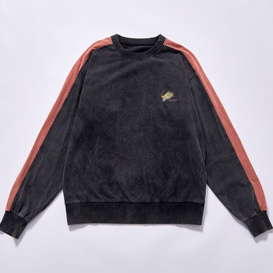 hot selling pigment washed raglan sleeve stripe fleece top drop shoulder relaxed fit unisex loose retro athletic long sleeve sweatshirt daily commute casual loungewear