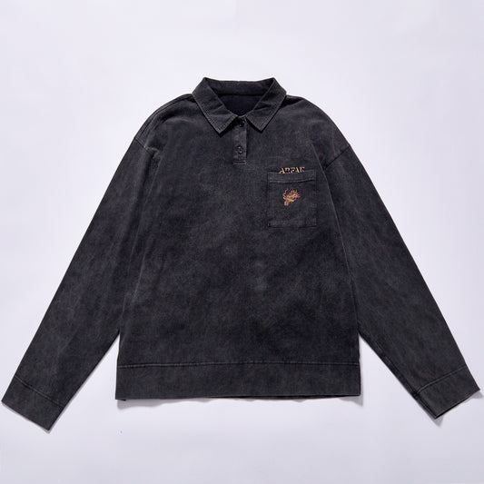 hot selling custom logo  long sleeve pullover drop shoulder relaxed oversized fit faded black pocket embroidery casual pullover daily business casual commute look