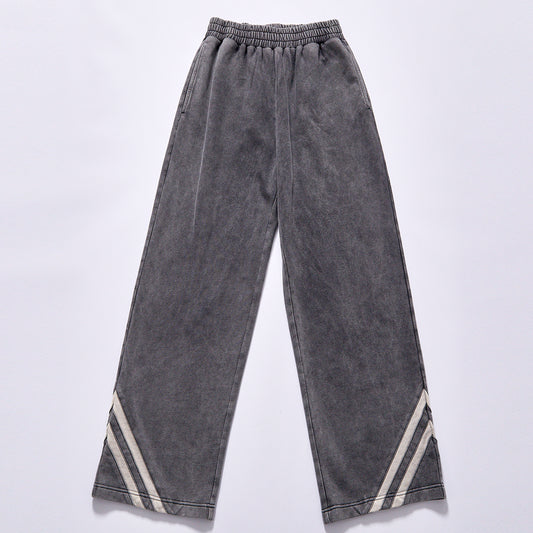 bulk wholesale pigment washed elastic waist loose straight track trousers double off white diagonal stripes on leg bottom unisex relaxed straight athletic sweat pants  city walk couple matching set
