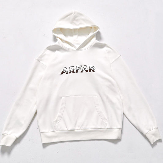 bulk wholesale custom logo double layer raised letter graphic hooded sweatshirt rib elastic cuffs & bottom hem drop shoulder oversized relaxed fit basic casual street pullover travel versatile neutral hoodie