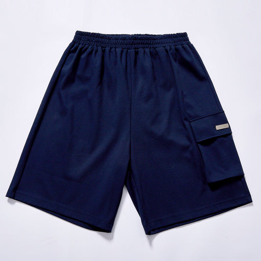 Custom logo men loose fit cargo sweat shorts navy blue solid tone breathable casual shorts summer daily