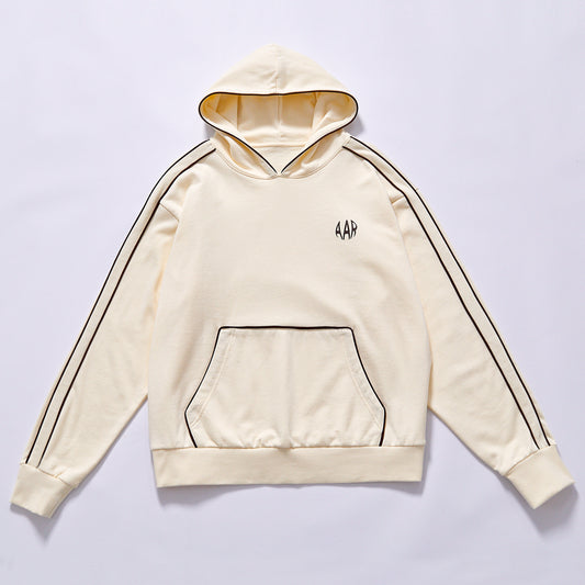 retro stripe men hoodie cream color pullover sweatshirt relaxed fit fleece pullover ribbed cuffs hem loose casual hoodie casual long sleeve top