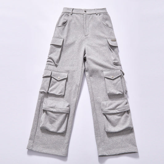 custom logo heather grey men cargo sweat pants  multiple side pockets loose wide leg trousers breathable thick casual utility trousers streetwear casual bottoms street fashion daily commuting