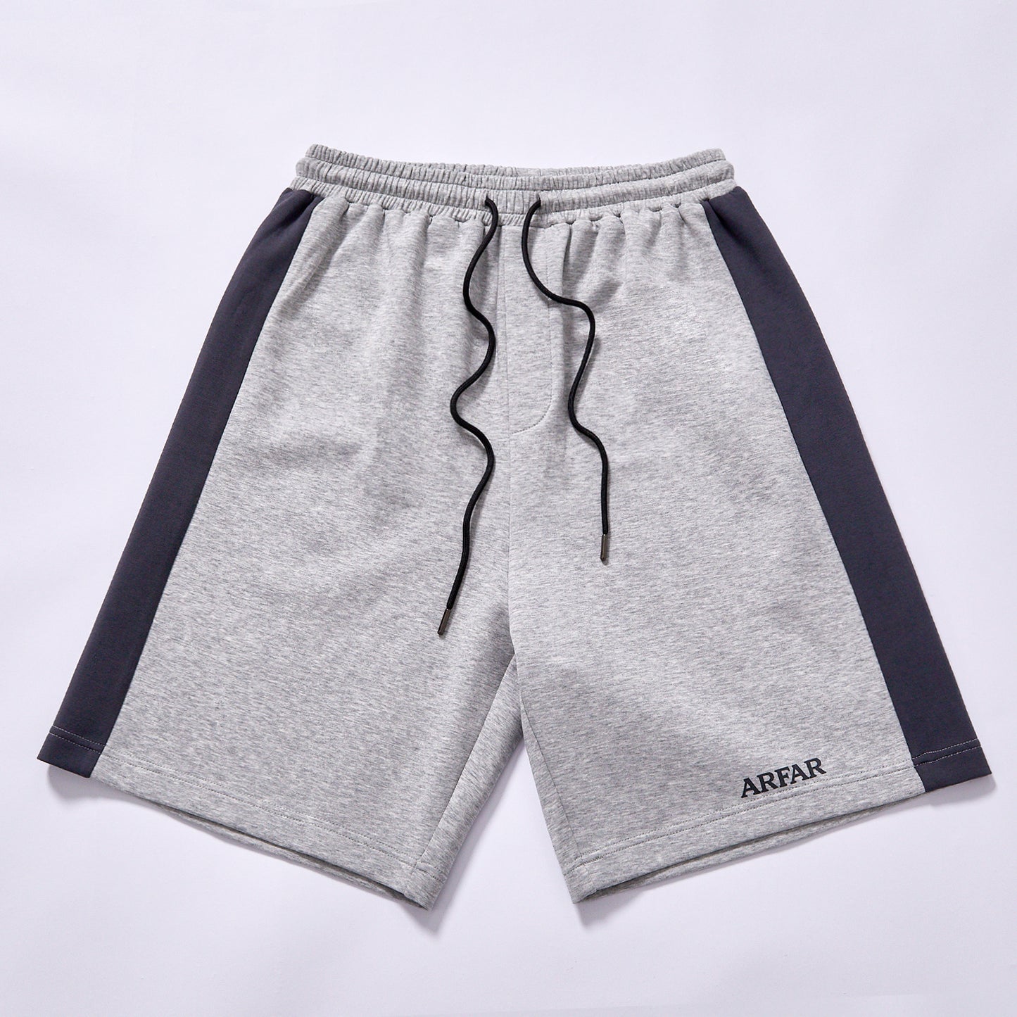 custom logo color block men sweat shorts  elastic waist relaxed fit knee adjustable drawstring deep side pockets heather grey color block summer daily dressing jogging fitness