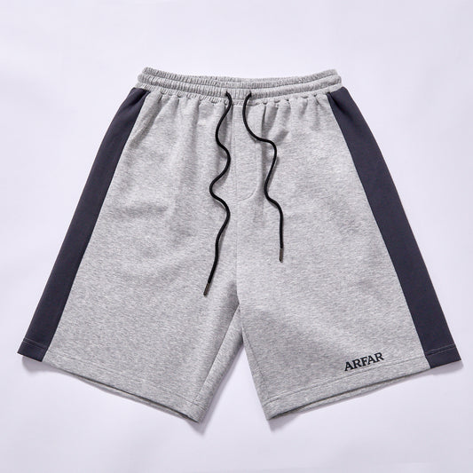 custom logo color block men sweat shorts  elastic waist relaxed fit knee adjustable drawstring deep side pockets heather grey color block summer daily dressing jogging fitness