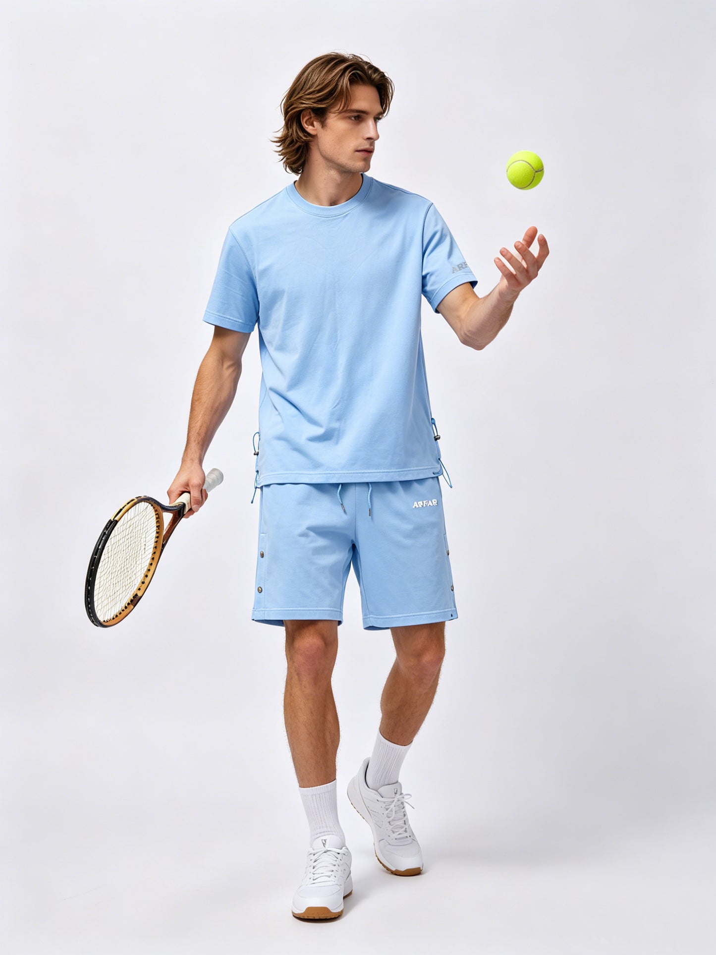custom light blue men plain cotton t adjustable hem drawstring relaxed casual crew neck t shirt outfits jogging street leisure home