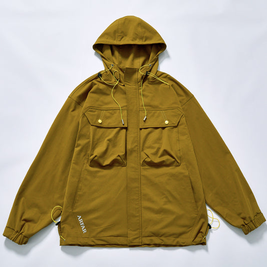 mustard brown men cargo hooded jacket windproof water resistant outdoor hiking casual workwear coat autumn spring transitional jacket hiking camping traveling daily commuting street style