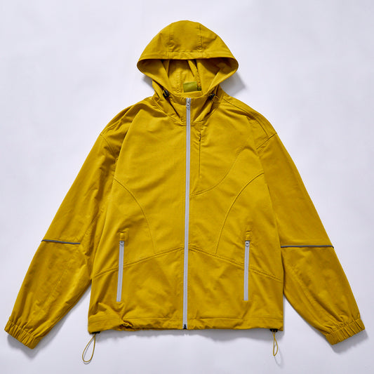 Custom logo men hooded windbreaker reflective stripe lightweight  hiking sun protection coat  running hiking cycling gym training daily wear outdoor travel spring summer casual streetwear camping