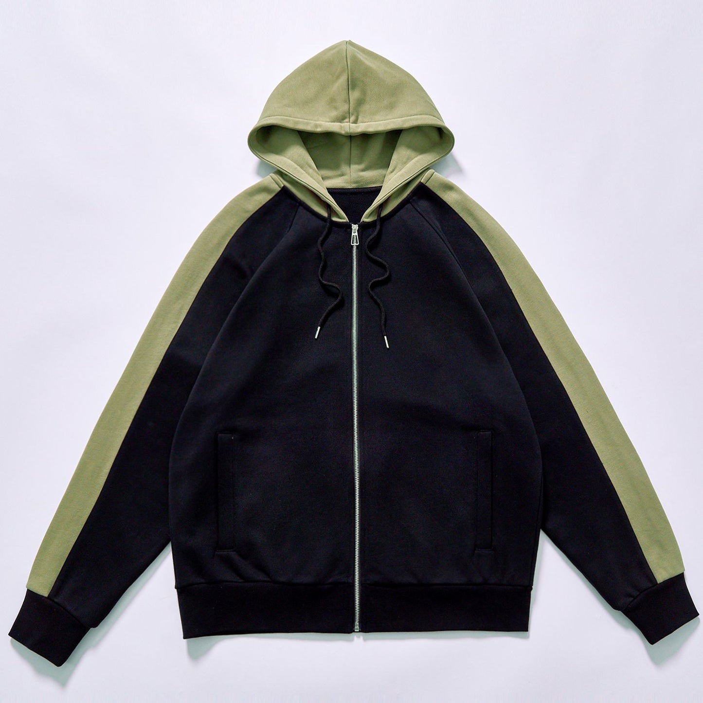 custom logo black olive color block zip up hoodie men raglan sleeve men color block zip hoodie raglan sleeve fleece sweatshirt loose fit hooded jacket casual street top daily casual streetwear skate travel spring autumn outfit