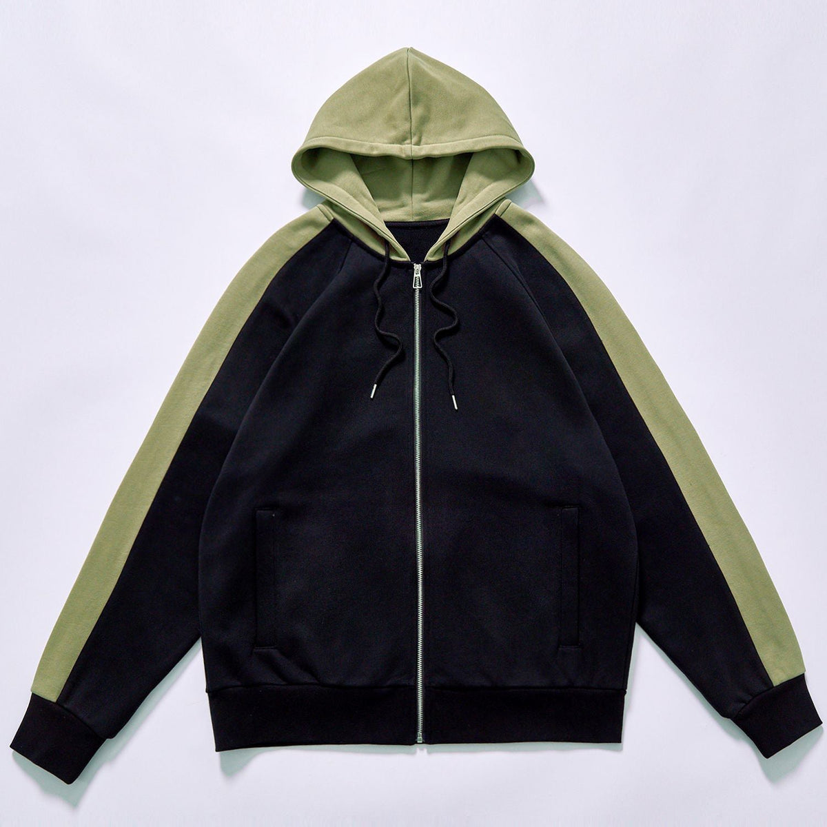 Black & Olive Color-Block Zip Hoodie
