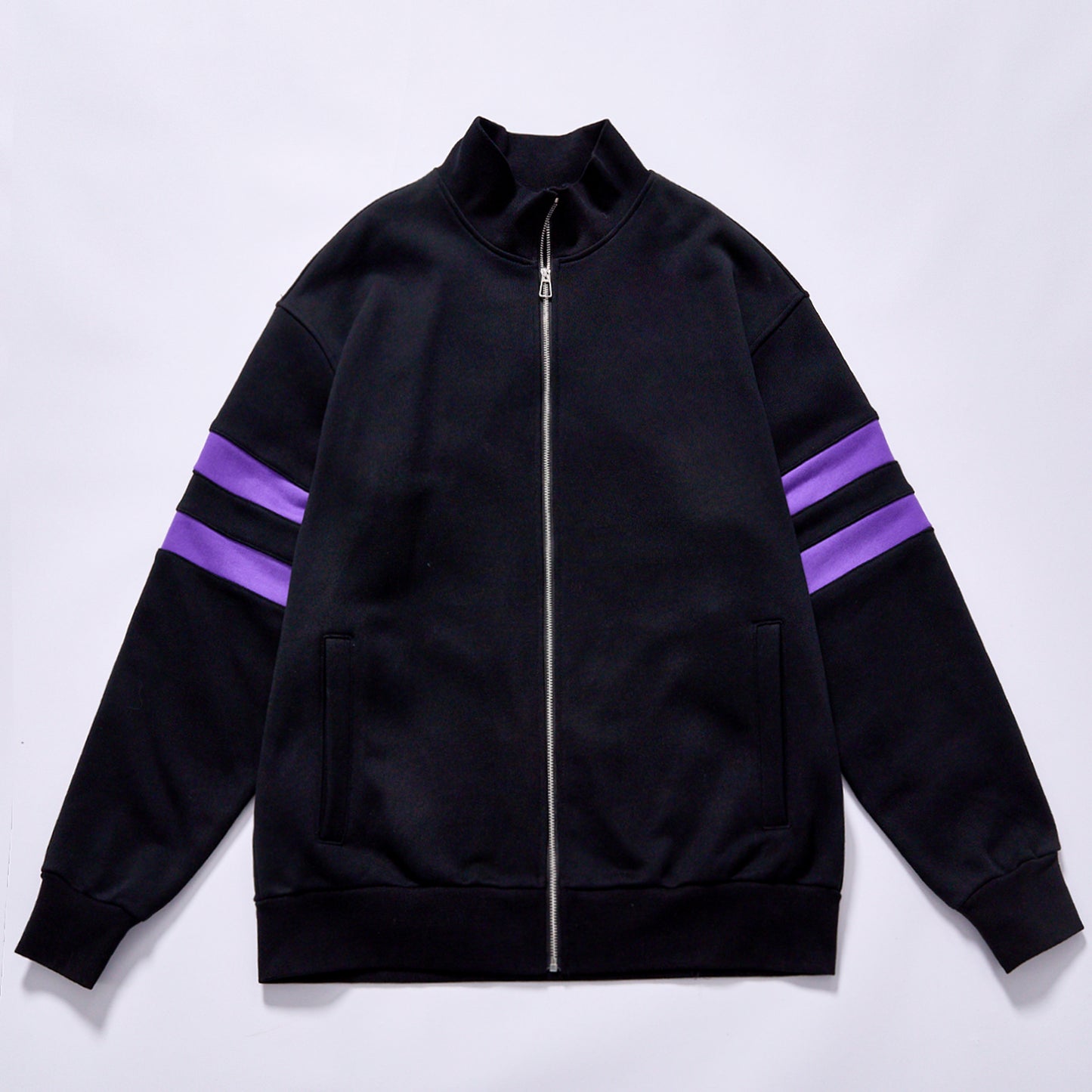 men black purple stripe tracksuit full zip stand collar jogger set men two piece tracksuit stand collar  straight leg sweatpants soft fleece fabric relaxed fit daily casual gym training jogging