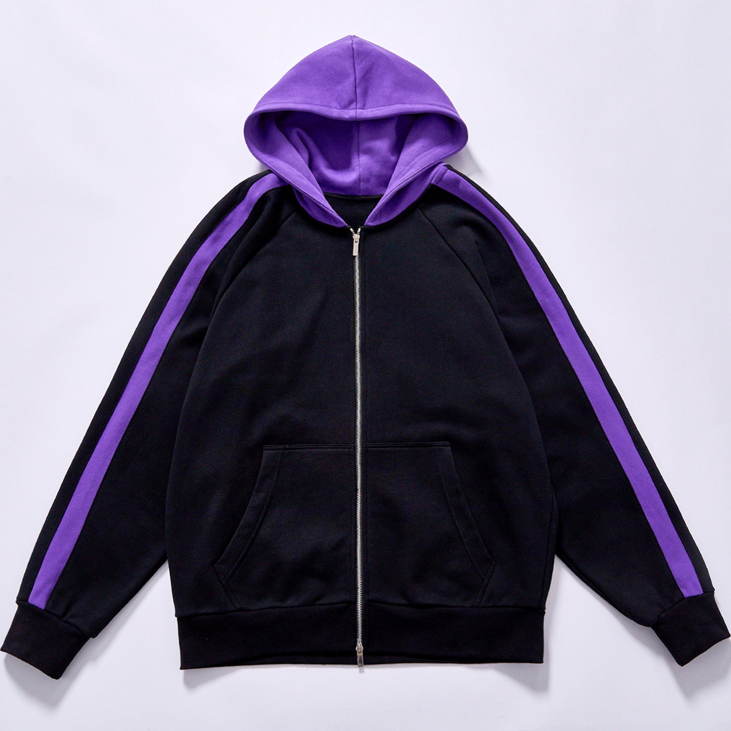custom logo black purple color block hooded tracksuit  two piece hooded tracksuit full zip hoodie wide leg sweatpants kangaroo pocket elastic waist wide leg pants daily casual streetwear jogging leisure travel