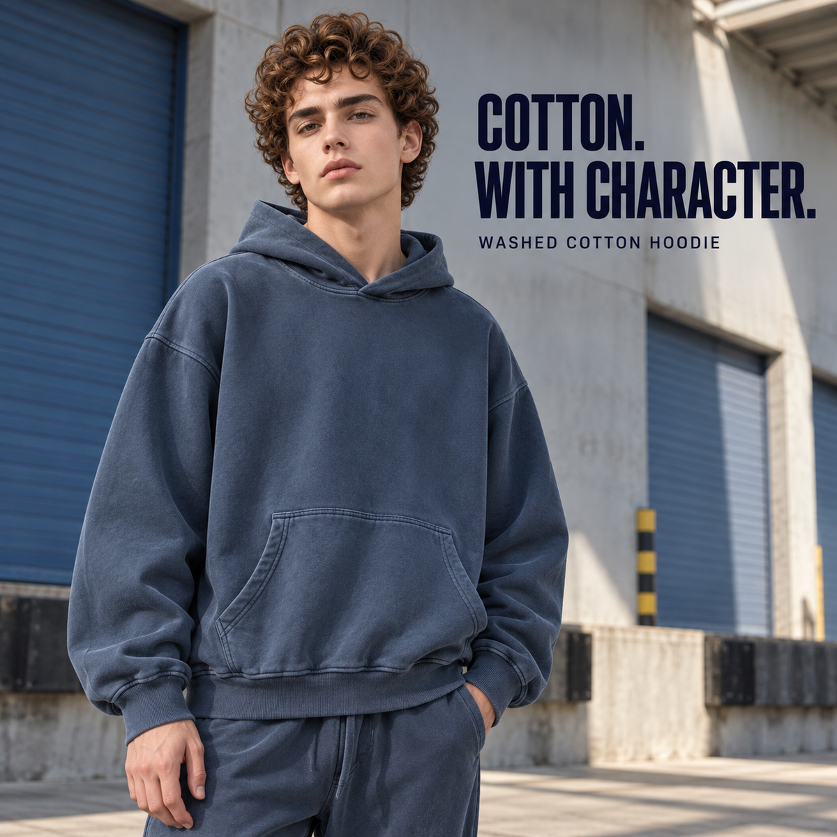 A01142 washed cotton pullover hoodie styled on a model, front view