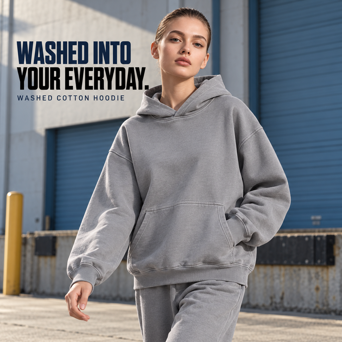 A01142 Medium Grey washed cotton terry pullover hoodie, alternate styling view