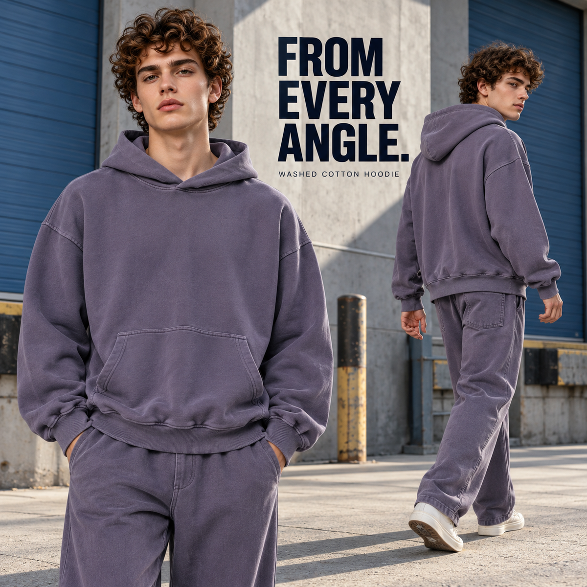 A01142 Grape Purple washed cotton terry pullover hoodie, rear or three-quarter styling view