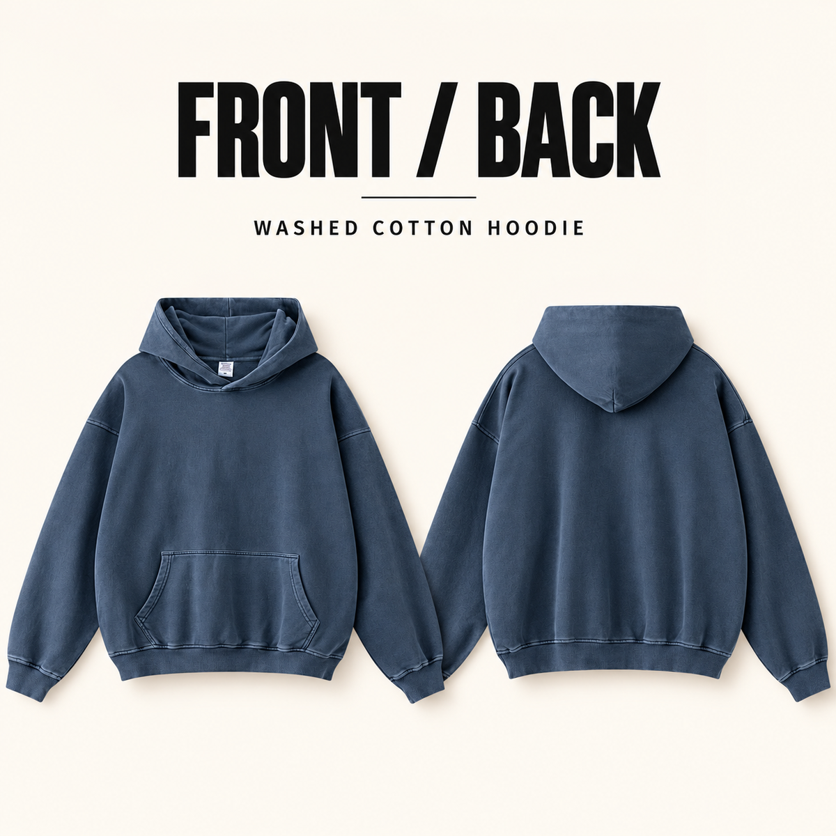 A01142 washed cotton terry pullover hoodie, front and back garment construction
