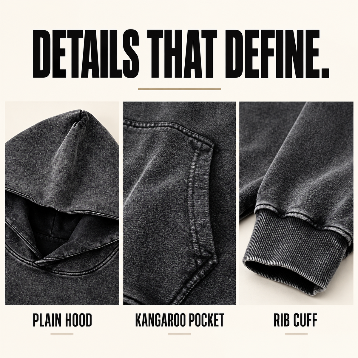 A01142 washed cotton terry pullover hoodie, close-up construction details