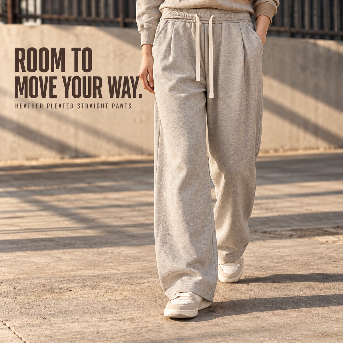 A01262 Oat Grey heather pleated straight-leg sweatpants, alternate styling view