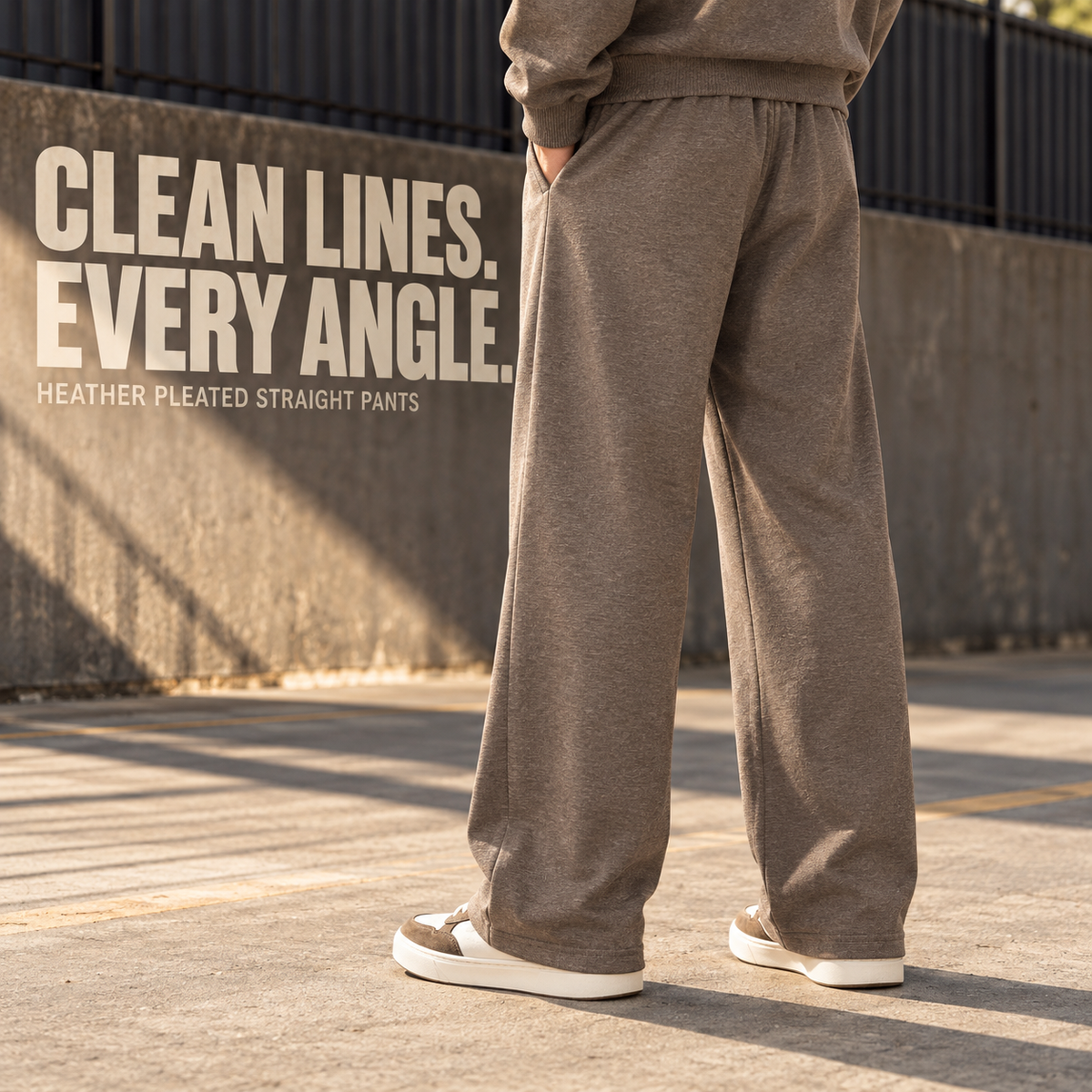 A01262 Brown heather pleated straight-leg sweatpants, rear or three-quarter styling view