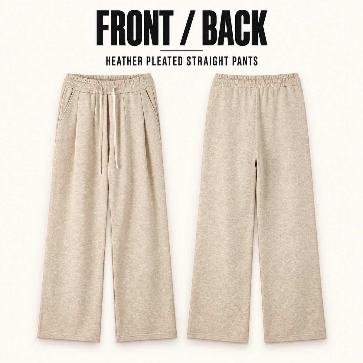 A01262 heather pleated straight-leg sweatpants, front and back garment construction