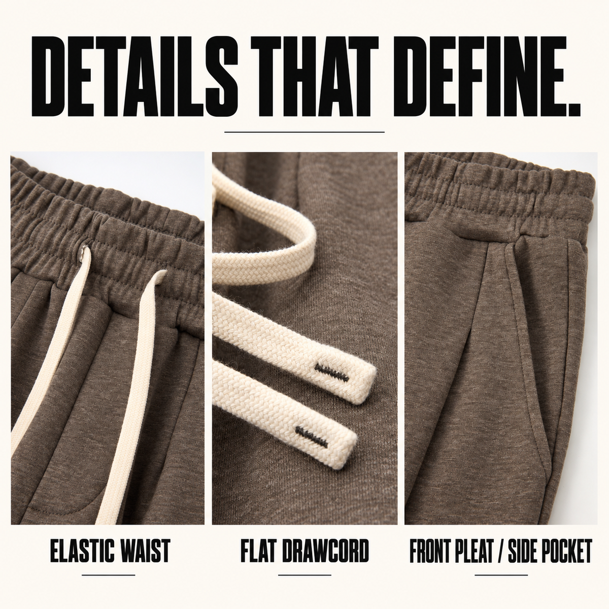 A01262 heather pleated straight-leg sweatpants, close-up construction details