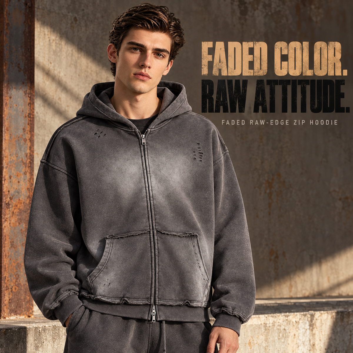 A01352 Charcoal faded raw-edge two-way zip hoodie, front styling view