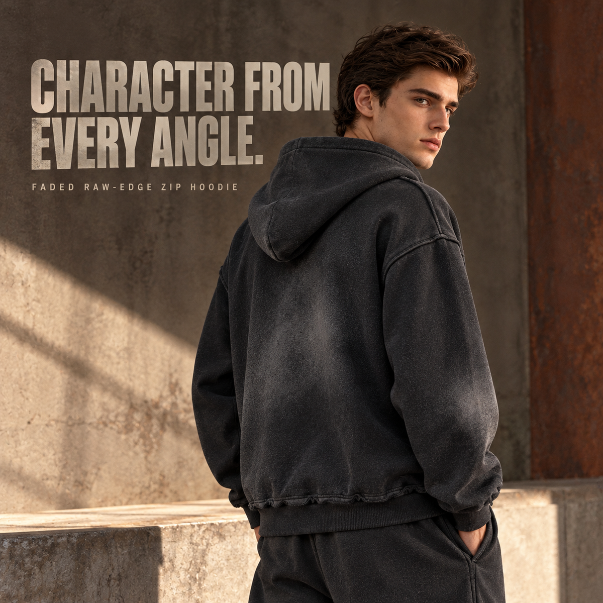 A01352 Black faded raw-edge two-way zip hoodie, rear or three-quarter styling view