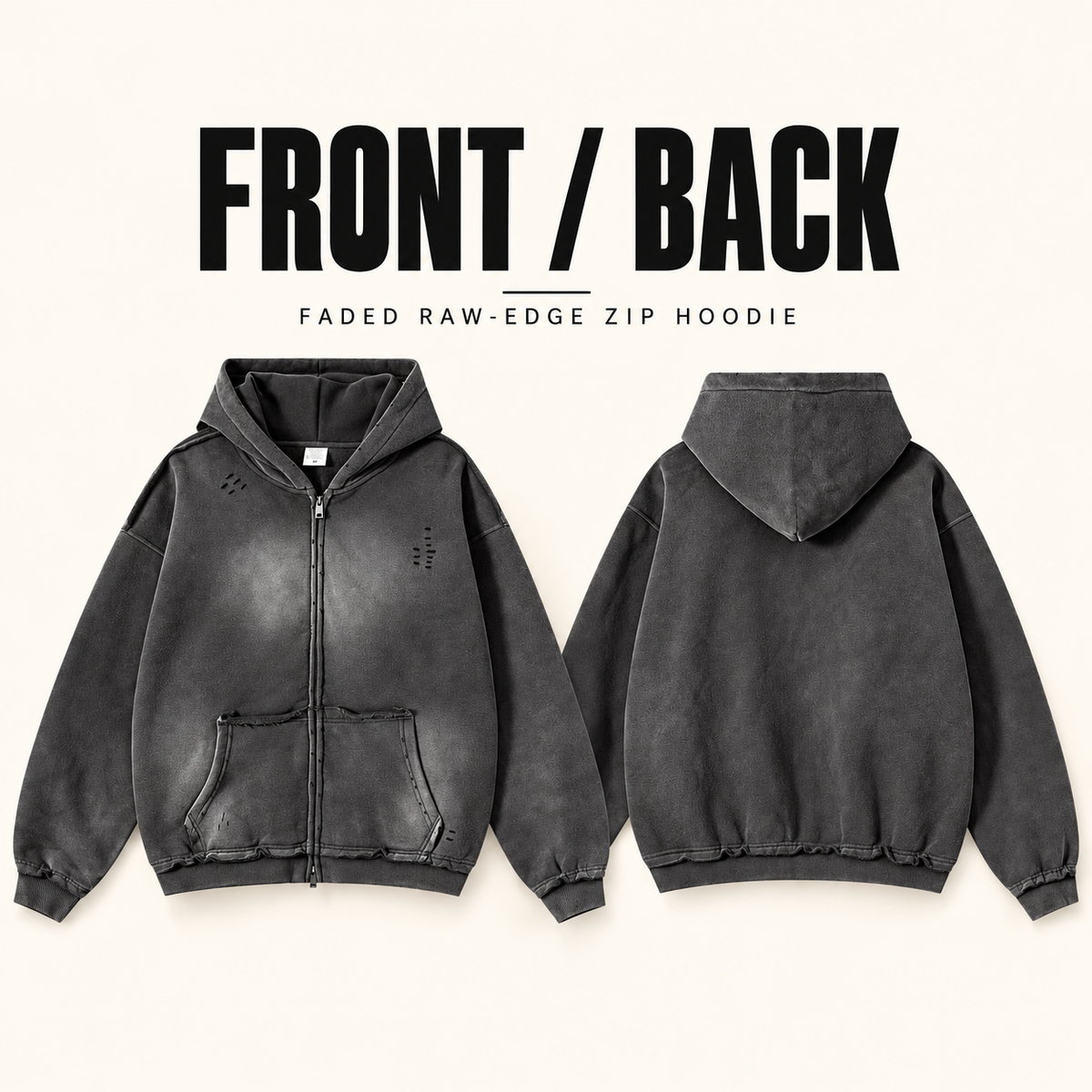 A01352 faded raw-edge two-way zip hoodie, front and back garment construction